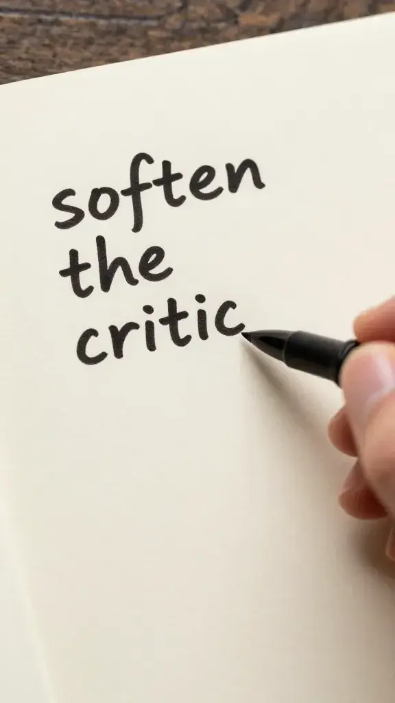 closeup of a hand writing on a notepad labeled “soften the critic”