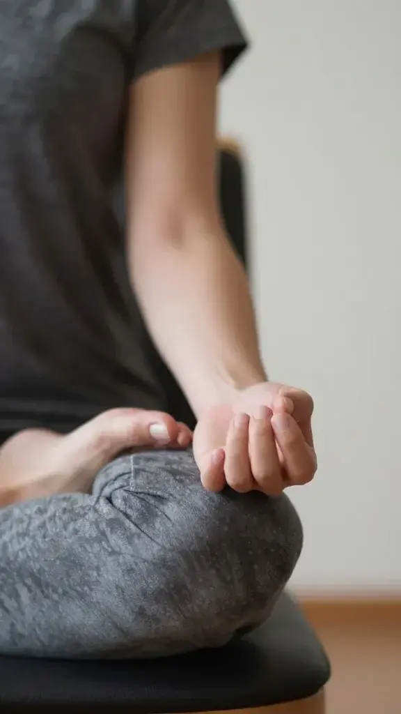 closeup of a tranquil person meditating on a chair