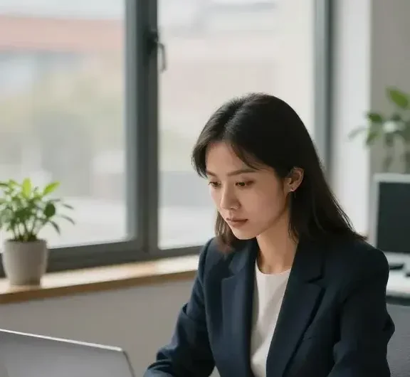 A woman in a modern workspace, seated at a desk with a laptop,