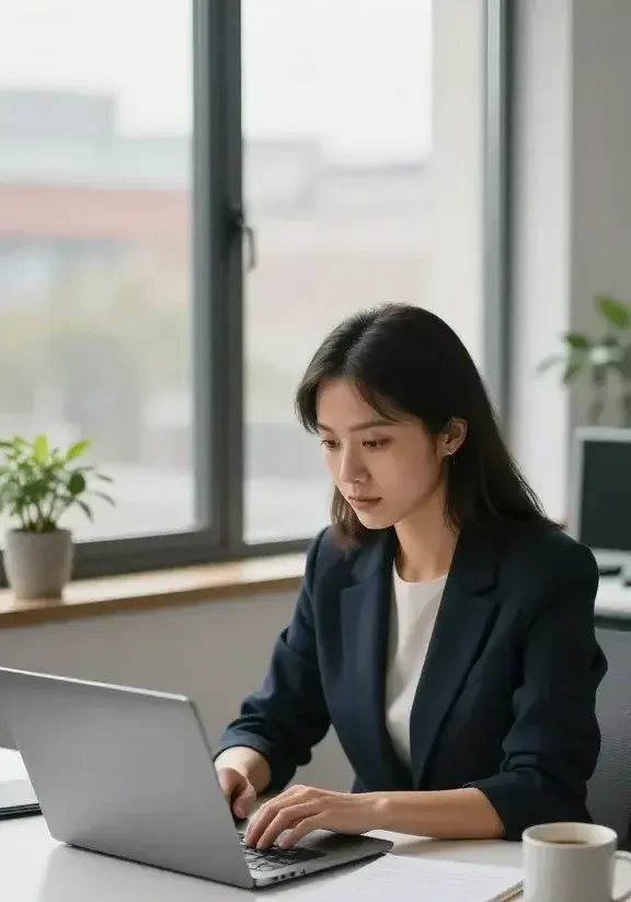 A woman in a modern workspace, seated at a desk with a laptop,