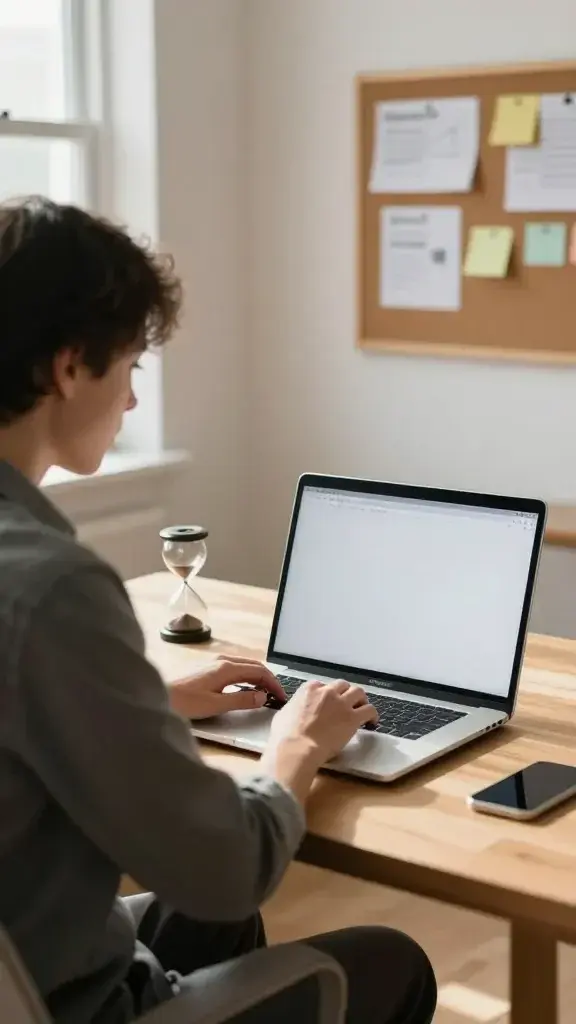 A focused professional in a quiet, home office, sitting at a desk with a single laptop showing a minimal, uncluttered workspace. 