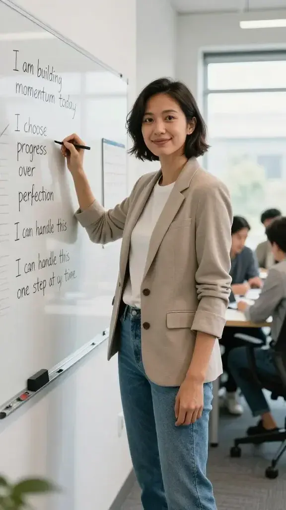 A person standing in a bright, modern workspace. They are writing positive affirmations on a whiteboard 