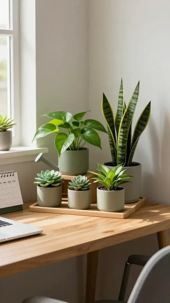 desk-sized greenery nook: a clean, modern wooden desk against a small collection of low-maintenance plants