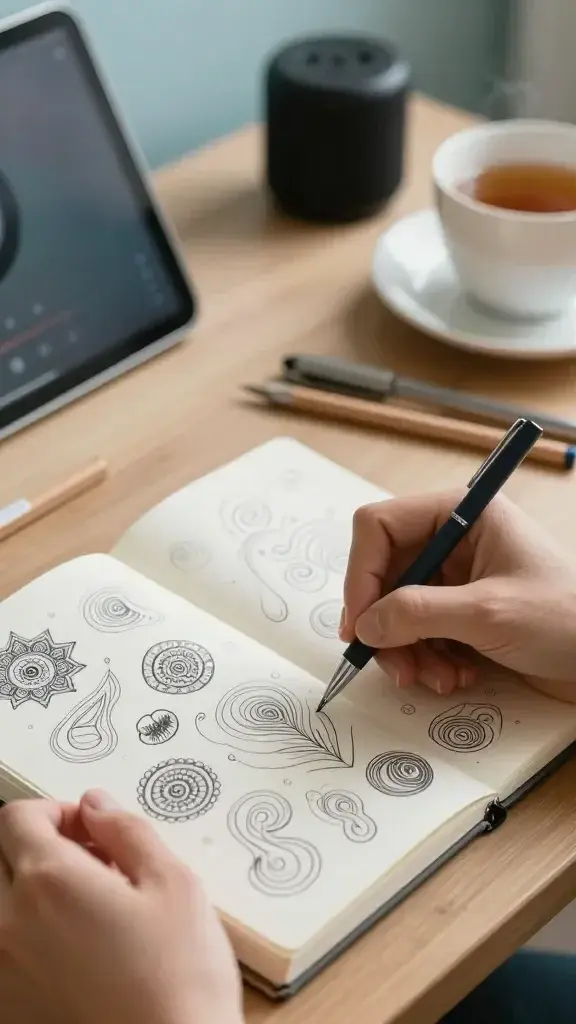 A photo of a serene creative workspace focused on mindful doodling. 