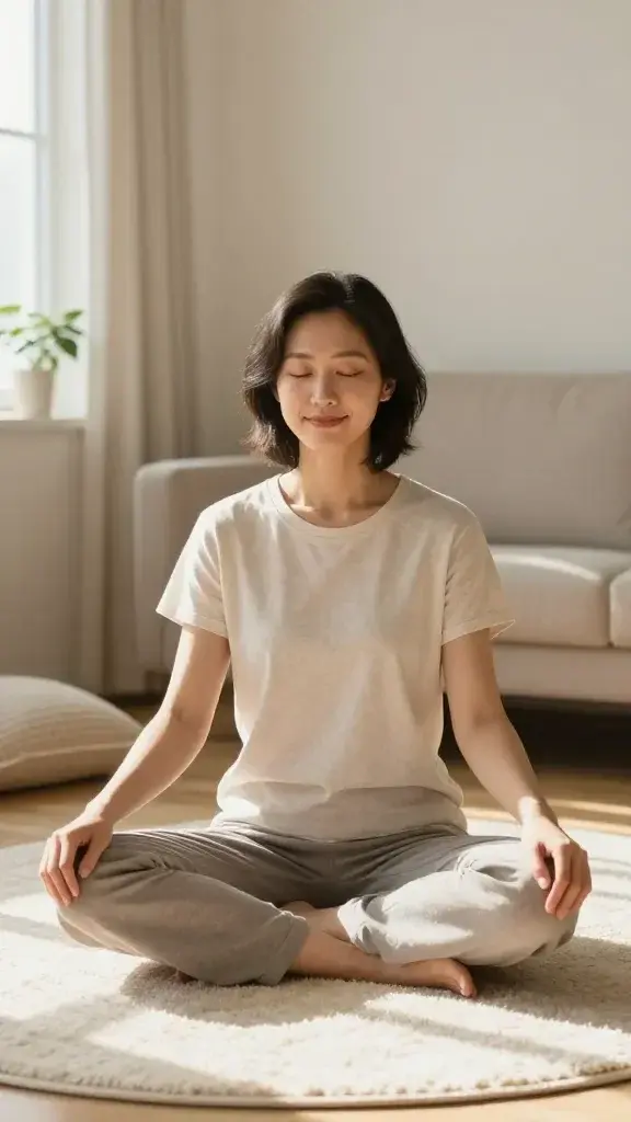 A realistic, high-quality photo of a calm, centered person sitting cross-legged on a plush, sunlit rug in a cozy, minimalist living room. They have a relaxed, peaceful expression with eyes gently closed, shoulders lowered, and a slight, content smile. The person’s posture is upright but soft, hands resting softly on their knees. Soft morning light pours through a nearby window, creating warm, natural tones and gentle shadows. Nearby, a small plant and a lightly textured throw pillow add subtle, natural decor. The scene conveys a moment of gentle body scan and deep breathing, with an uncluttered background to emphasize mindfulness and presence. No text.