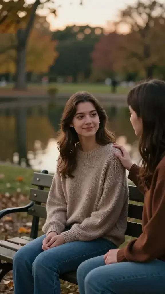 A realistic, high-quality photo of a compassionate scene featuring a young woman sitting on a softly lit park bench at twilight, looking thoughtful yet at peace. She has a gentle expression and a subtle smile, wearing a cozy knit sweater in earthy tones and jeans. Nearby, a close friend sits a few feet away, their body language open and supportive, reaching out with a comforting hand on the woman’s shoulder. In the background, a calm, reflective pond and a gentle bokeh of autumn trees create a serene atmosphere. The scene conveys closeness to God and the feeling of being seen and held in times of imperfection, with natural, warm lighting and shallow depth of field to emphasize the emotional connection between the two figures. No text; the main subject should align with the article’s title theme of being known and seen.