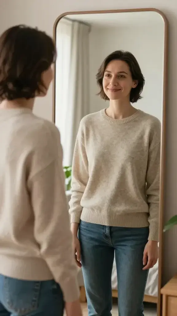 A high-resolution, lifelike photograph of a person standing in front of a full-length mirror in a softly lit, cozy bedroom. The person is mid-20s to mid-30s, gender-neutral appearance, with natural, casual clothing (soft sweater and jeans). They are smiling gently at their reflection, eyes warm and supportive, shoulders relaxed. The mirror shows their reflection clearly, and the scene captures a moment of self-acceptance as they speak a self-compliment, with a calm, confident posture. The surrounding room features warm neutrals, a small bedside table with a plant, and diffuse morning light filtering through a sheer curtain. The overall mood is intimate, honest, and encouraging, emphasizing self-compassion and authenticity. No text or overlays.
