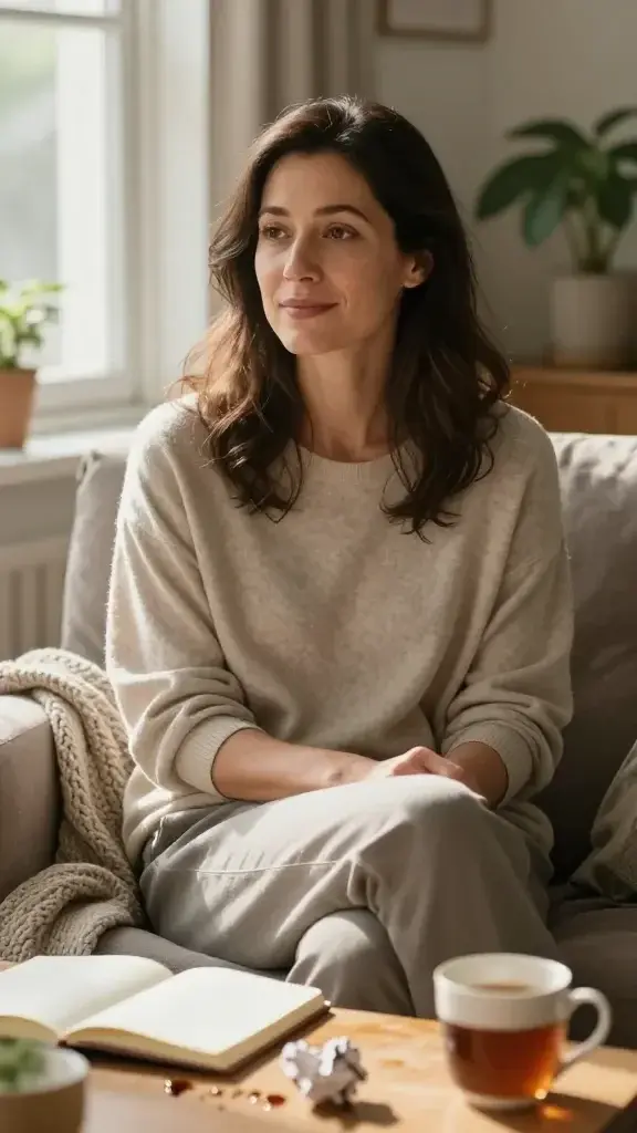 A realistic, high-quality photo of a relatable adult woman sitting comfortably in a sunlit living room, mid-30s to mid-40s, with a gentle expression that conveys warmth and acceptance. She is casually dressed in soft, neutral tones, seated on a cozy chair with a slight, relaxed posture that suggests ease and authenticity. The scene conveys imperfect humanity: a small spill of coffee on the side table, a knitted blanket slightly rumpled, and a notebook with a few crumpled pages nearby, all in a warm, natural color palette. Soft natural light filters through a window, casting gentle shadows that highlight her calm, compassionate gaze directed slightly off-camera, as if she is delivering a quiet, reassuring inner voice. Subtle details—an open journal, a mug of tea, a plant in the background—create an intimate, supportive atmosphere that normalizes emotion and imperfection without glamour or perfection. The overall mood is comforting, authentic, and nonjudgmental.