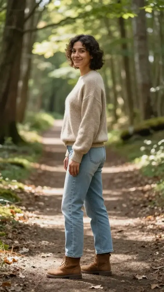A realistic, high-quality photograph of a person standing at the edge of a serene, sunlit forest trail, turning their body slightly toward the camera with a gentle, confident smile. The subject embodies warmth and self-compassion, dressed in cozy, earthy tones (soft beige sweater, light denim jeans, and warm brown boots). They are taking a deliberate, mindful stance—feet hip-width apart, shoulders relaxed, hands resting softly at their sides—conveying readiness to show up for themselves with kindness. The background is softly focused with dappled sunlight filtering through tall trees, creating a peaceful, inviting atmosphere that symbolizes inner strength, trust, and self-respect. The overall composition emphasizes the connection between self-care and personal growth, with natural textures (wood, leaves, moss) and a shallow depth of field to keep the subject as the clear focal point. No text on the image.