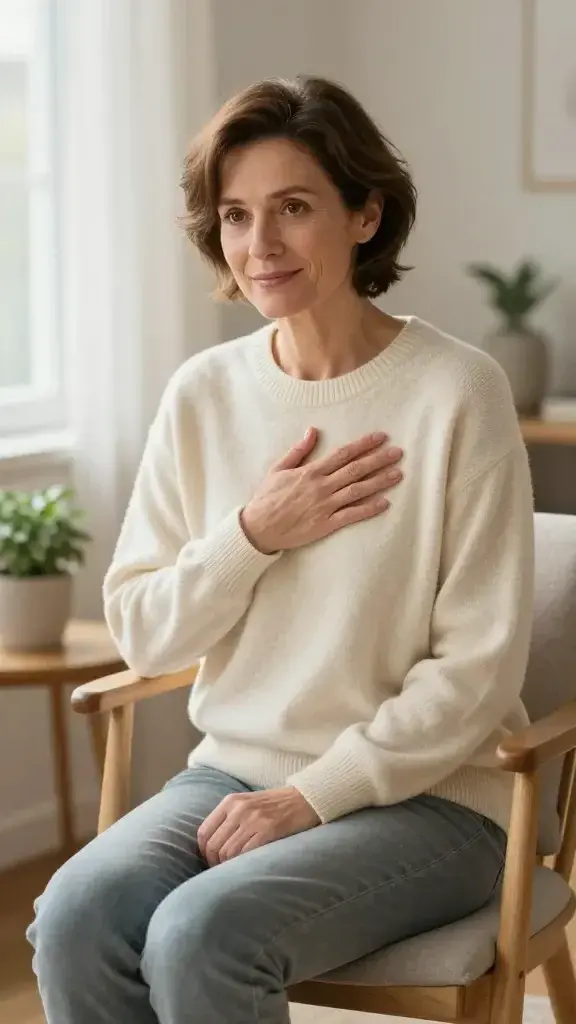 A candid, high-resolution photograph of a calm, mid-40s person with short brown hair and warm brown eyes, sitting on a softly lit wooden chair in a cozy, sunlit living room. They are wearing a comfortable cream sweater and gray jeans, with a gentle, forgiving expression and a relaxed posture, one hand resting over their heart and the other loosely folded in their lap. The scene includes a small potted plant on a nearby side table and a window with sheer curtains that diffuse natural light, creating a soft, inviting atmosphere. The overall mood conveys inner gentleness and self-acceptance, illustrating choosing kindness over harshness without any text or logos in the frame.