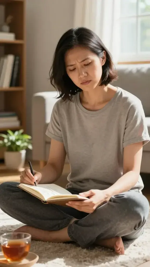 A realistic, high-quality photo of a calm, resilient adult person seated cross-legged on a soft, neutral-toned rug in a sunlit, cozy home study space. They are mid-growth moment, with a gentle, determined expression, slightly furrowed brow, and relaxed shoulders. The person is gently holding a notebook or journal open to pages labeled with words like "growth" and "discomfort" in subtle handwriting. Surroundings include a warm cup of tea, a small potted plant, and a bookshelf with softly blurred titles. Natural light streams in from a window, casting soft shadows and highlighting the steady, purposeful ambiance. The scene conveys that discomfort signals progress and is embraced during tough learning curves and personal change. The main subject from the article title is present in the image without text.