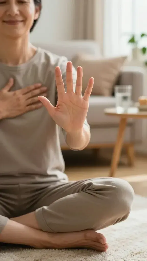 A realistic, high-quality photograph of a calm, compassionate scene featuring a person seated cross-legged on a soft rug in a sunlit living room. The main subject, a warm, approachable adult with a gentle smile, holds up their left hand open and relaxed in the foreground, displaying five fingers prominently as a subtle, ever-so-slightly blurred palm side to the camera. The environment conveys comfort and self-care: a cozy sofa with plush pillows in muted earth tones, a small side table with a glass of water, a plant, and soft natural light streaming in through a window. The focus is on the hand and its five fingers, each finger positioned to symbolize the five steps of self-soothing: thumb touching the chest in a gentle acknowledgment, index finger slightly raised as if listing a small action, middle finger relaxed symbolizing permission to not be perfect, ring finger lowered in a reflective pose, and pinky curled subtly to suggest a gentle commitment for tomorrow. The overall mood is tranquil and supportive, with warm color tones, crisp textures, and a shallow depth of field that keeps the hand in sharp focus while softly blurring the background to emphasize the self-compassion gesture. No text visible in the image.