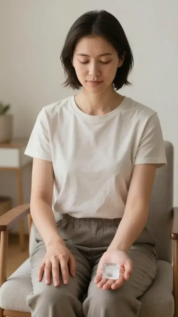 A realistic, high-quality photo featuring a calm, centered person practicing grounding techniques in a softly lit, serene room. The main subject sits comfortably in a modern chair with a neutral, uncluttered background. The person’s posture is upright but relaxed, eyes gently closed or softly focused downward, conveying presence and control. Their left hand rests on their knee while the right hand holds an ice cube near the wrist, creating a subtle focal point of sensory awareness. 