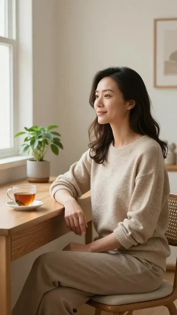 A warm, realistic high-quality photograph of a calm, confident woman seated in a bright, cozy living space that emanates warmth and gentleness. She is in a relaxed, upright pose at a softly lit wooden desk with a small plant and a cup of tea, suggesting a daily “kindness window.” She wears comfortable, soft-toned clothing and a serene expression, exuding boundaries that feel like warmth. The room has neutral walls, natural light filtering through a window, and subtle decor that implies self-respect and clear, friendly boundaries—nothing harsh or punitive. The scene conveys graceful self-care, self-compassion, and practical boundary-setting, with an atmosphere of peace, clarity, and personal empowerment.
