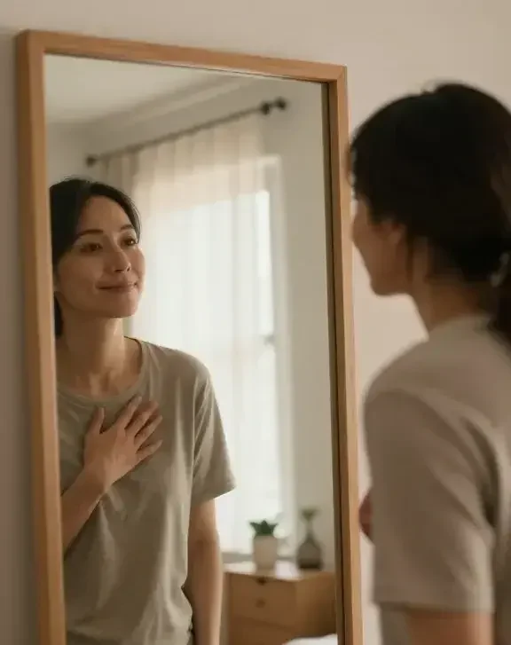 A realistic, high-quality photo of a person standing in front of a full-length mirror in a softly lit, cozy bedroom.