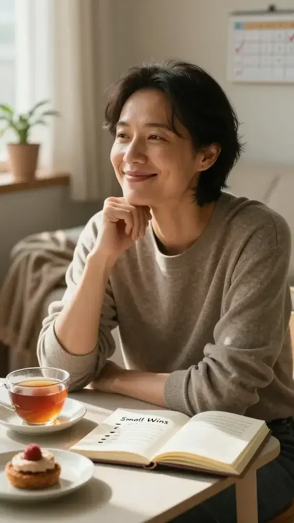 A realistic, high-quality photo of a calm, content adult celebrating small wins, shown in a softly lit cozy living room. The main subject is the focus, smiling with a gentle, relaxed expression, seated at a small, inviting table stacked with a few simple celebratory elements: a cup of tea, a plate with a small treat, and a notebook open to a page titled “Small Wins” with a few quick, cheerful bullet points. A calendar or weekly planner in the background marks progress with a few checkmarks. Warm natural light streams in from a window, casting gentle shadows. The atmosphere conveys self-compassion and momentum, with subtle details like a cozy throw blanket, a plant, and a slightly celebratory yet serene vibe. No text or branding on the image.