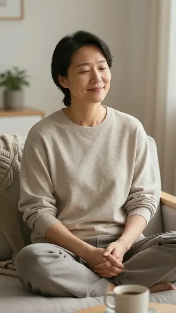 A realistic, high-resolution photo of a calm, reflective person seated comfortably in a cozy, softly lit room. The main subject, a gently smiling adult, is in their 30s-40s with casual, neutral-colored clothing. They are seated on a plush chair or sofa, hands resting softly on their lap, with relaxed shoulders and a subtle, mindful facial expression. The scene conveys micro-soothing in action: no dramatic tension, but a moment of self-compassion. Subtle elements in the background suggest a calm daily environment—soft throw blanket, a small plant, and a coffee mug on a side table. The lighting is warm and natural, highlighting a sense of ease and inner dialogue, as if they are silently naming a feeling and guiding themselves through a compassionate script. No text or branding visible in the image.