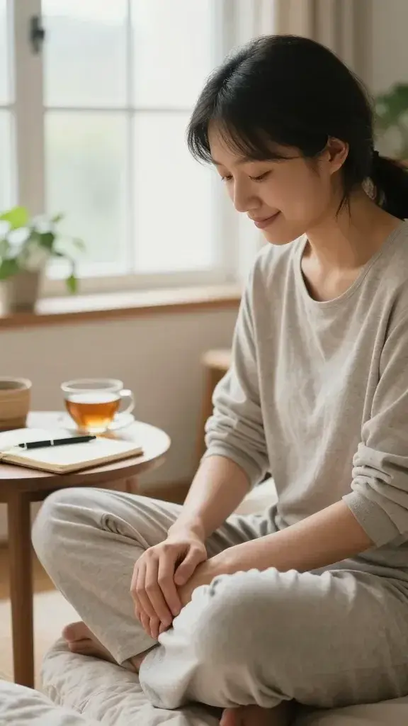 A realistic, high-quality photo of a calm, warm-toned scene featuring a person sitting comfortably in a softly lit cozy room, their expression serene and reflective as they smile gently at their own hands resting on their lap. 