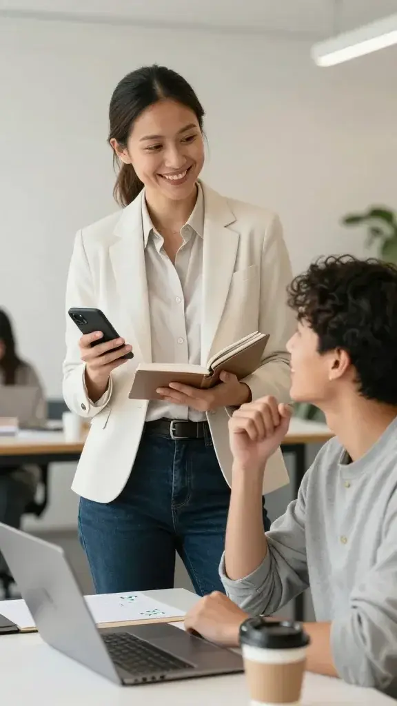 A high-resolution, realistic photo of a confident, approachable person standing in a bright, modern coworking space with soft natural light. The person is mid-30s, wearing smart casual attire (a crisp blazer over a relaxed shirt, dark jeans), smiling warmly as they hold a phone in one hand and a notebook in the other, subtly conveying accountability and support. Nearby, a friendly accountability buddy sits at a table with a laptop, both making eye contact and exchanging a light, encouraging nod. The scene conveys a non-judgmental, supportive relationship: no signs of guilt-tripping, just collaborative energy, celebration of small wins, and regular, optional check-ins. Include elements like a calendar or planner, a small checklist with green check marks, and a coffee cup to suggest a casual, sustainable cadence. The setting is clean, inviting, and professional, with neutral tones, soft shadows, and depth of field that keeps the focus on the two people and their positive interaction.