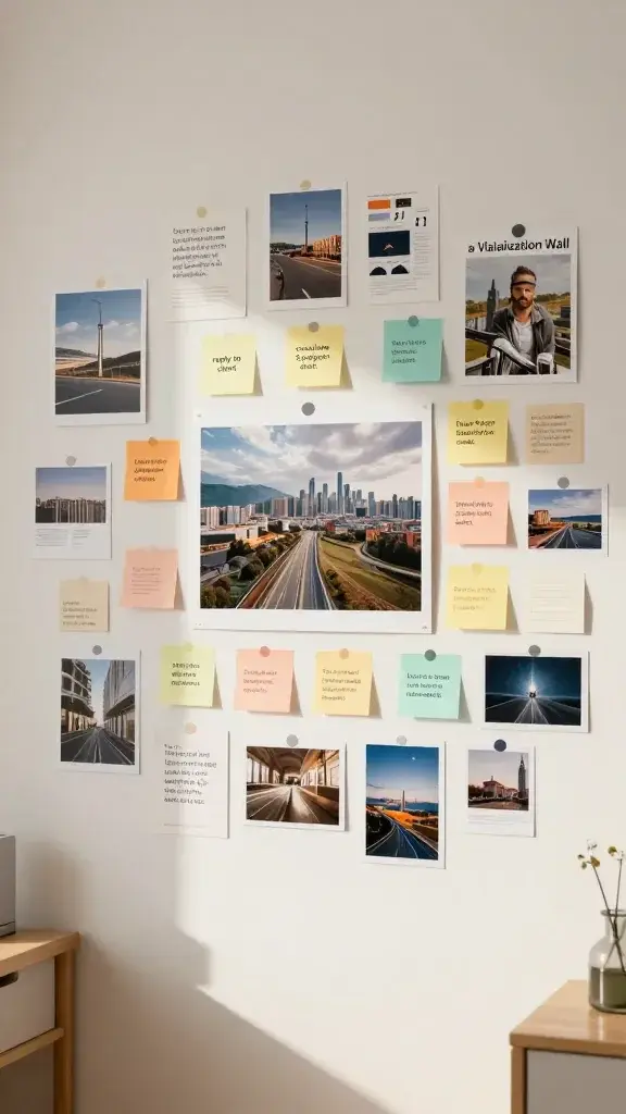 A high-resolution, photorealistic image of a neatly organized Visualization Wall in a modern home workspace. The wall features a large, central focal image (a powerful, inspiring photo or artwork) surrounded by an array of smaller images, magazine cutouts, and printed photos arranged in an artistic collage.