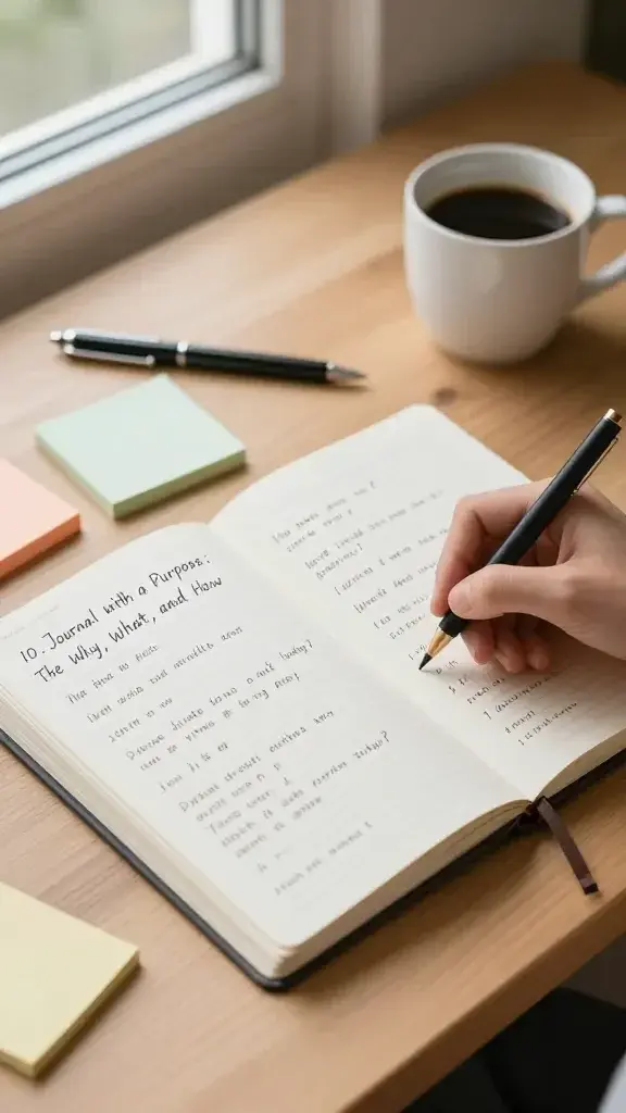 a person journaling at a clean, well-lit wooden desk by a window. The journal is open, pages filled with short, bold prompts such as “Why does this goal matter to me?” and “What small action can I take today?” visible in crisp handwriting,