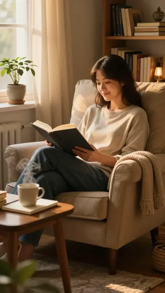 A cozy reading nook bathed in warm, golden-hour light, featuring a plush upholstered armchair with soft cushions, a knitted throw draped over one side, and a small wooden side table cluttered with a steaming mug, a notebook, and a pen.