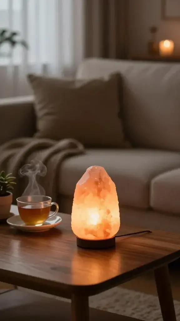 A warm, cozy living room scene at dusk featuring a single glowing Himalayan salt lamp as the focal point. The lamp sits on a wooden coffee table beside a softly steaming cup of herbal tea and a small potted plant, casting a soft amber glow that gently fills the room. The background shows plush cushions, a throw blanket, and a neutral-toned sofa, with diffused natural light filtering through sheer curtains and a hint of a softly lit candle in the distance. The overall mood is tranquil and inviting, emphasizing a calming ambiance and a subtle reduction of glare, with close attention to warm color tones, realistic textures of wood, fabric, and the salt lamp’s crystalline glow. Ensure high-resolution, photorealistic quality with natural shadows and a serene, uncluttered composition that conveys a sense of effortless relaxation.