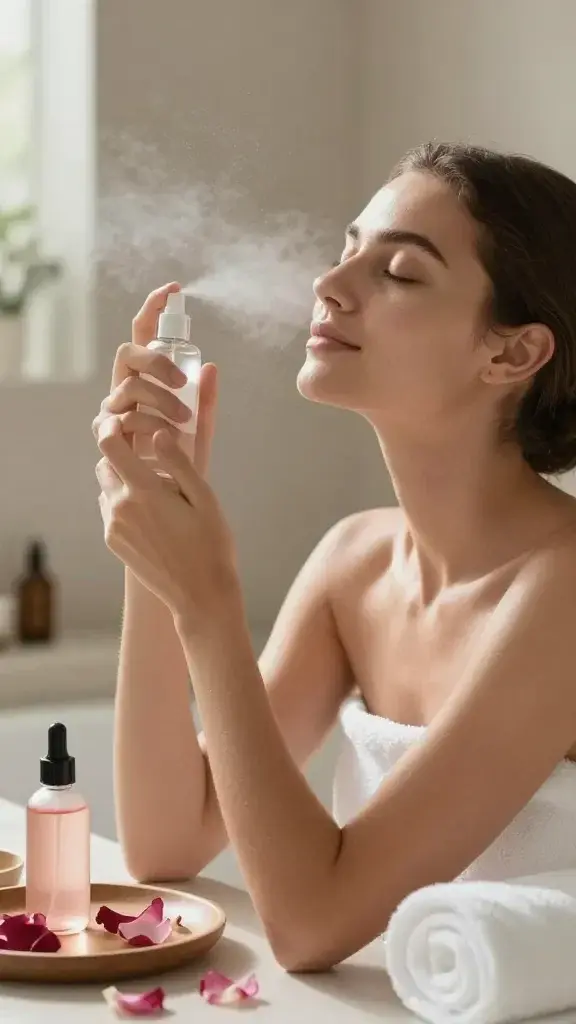 A realistically lit, high-resolution photo of a serene spa-like scene featuring a tranquil woman with clear skin and a gentle, relaxed expression, standing in a softly lit bathroom or spa alcove. She is lightly misting her face with a fine facial spray from a clear glass bottle with a minimalist label, her eyes closed in calm, the mist visible as a delicate fine veil in the air. Surroundings include a small tray with rose petals, a bottle of rose water, and a dropper bottle of glycerin, a plush white towel rolled nearby, and soft, neutral-toned decor with warm, diffused lighting creating a peaceful, vacation-like atmosphere. The overall mood is refreshing and rejuvenating, with natural textures, clean lines, and a sense of immediate refreshment. No text on the image.
