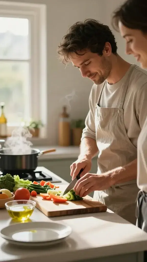 A warm, sunlit kitchen scene centered on a content, relaxed adult chef preparing a simple, comforting dish. The main subject is chopping vegetables slowly with mindful focus, eyes gently following the knife as it moves and the rhythm of breaths visible in a soft exhale. The kitchen counter is clean and inviting, with a wooden cutting board, fresh vegetables, a small bowl of olive oil, and a steaming pot in the background. Light streams through a nearby window, casting gentle shadows and highlighting the textures of the produce and the knife’s weight in the hand. The atmosphere conveys calm, presence, and a ritual-like cooking moment that slows time, with subtle signs of sharing happiness—two plates set nearby and a friend or family member approaching with a warm smile. Realistic photography style, high quality, shallow depth of field to emphasize the main subject, natural colors, no text.