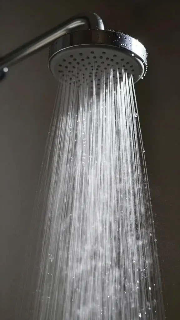 Closeup of a steaming showerhead with droplets