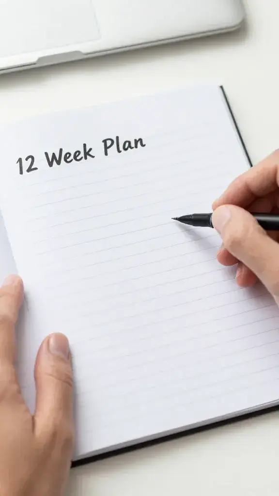 Closeup of a hand writing milestone 12-week plan on a clean desk