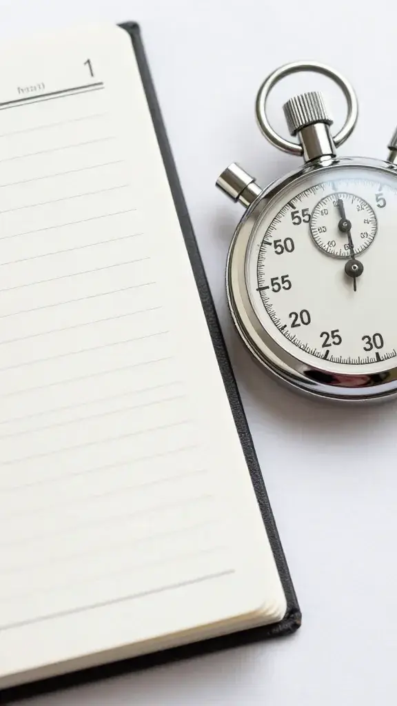 Closeup of a stopwatch beside a single sleek planner opened to week 1