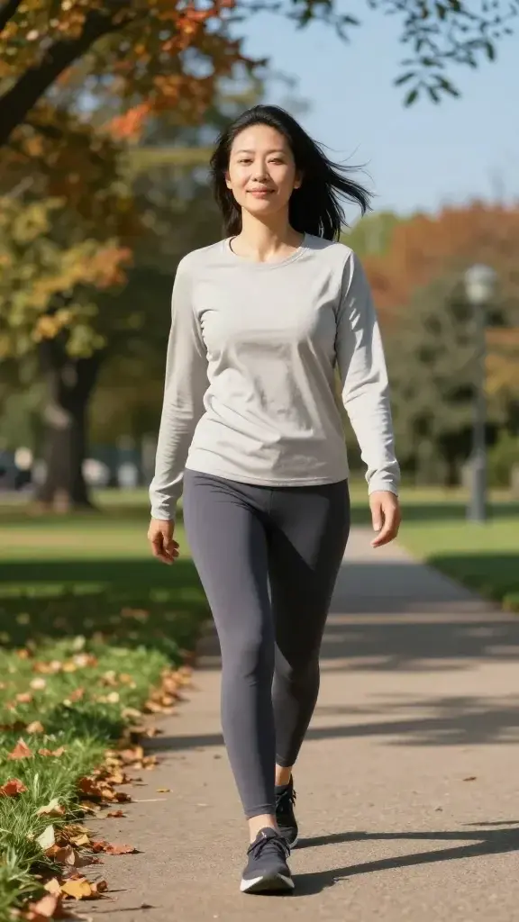 A realistic, high-quality photo of a joyful, serene person mid-movement in a sunlit outdoor setting. The subject is a flexible adult individual with a calm, radiant expression, wearing comfortable athletic wear. They are walking lightly along a shaded park path bordered by green grass and colorful autumn leaves, or performing a gentle yoga pose on a sunlit lawn. In the background, include a subtle sense of movement with a slight breeze ruffling hair and clothing, and a clear blue sky. The mood conveys gentle joy, self-care, and mindful movement as a mood reset, not a workout. No text, logos, or distractions; natural lighting, shallow depth of field to softly blur the background while keeping the subject in crisp focus.