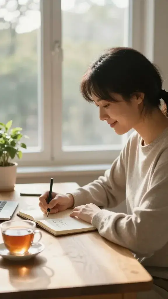 A high-resolution, realistic photograph of a calm morning scene featuring a focused individual sitting at a sunlit wooden desk by a large window. The person is mid-30s, wearing cozy, neutral-toned clothing, with a gentle smile as they write in a clean notebook. On the desk are a cup of tea, a small potted plant, and a window view of soft morning light filtering through trees. The scene conveys gratitude and a slow start: the person is jotting down three specific thank-yous, with a subtle breath cue implied by a relaxed posture and a smooth, unhurried atmosphere. The overall mood is warm, serene, and optimistic, with natural textures and warm color tones. The main subject should be clearly identifiable as the article’s focus: a wakeful warm-up through gratitude. No text or overlays on the image.