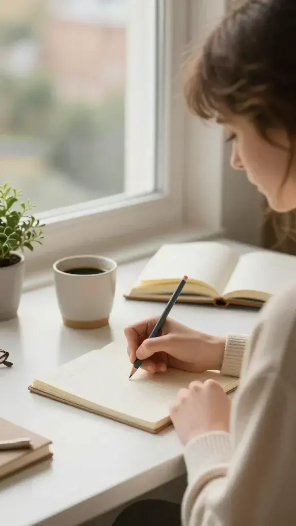 A realistic, high-quality photo of a calm morning scene featuring a thoughtful person seated at a tidy desk by a sunlit window. The person is writing a short note on a pale, unlined notepad with a soft graphite pencil, a cup of coffee nearby, and a gentle, warm color palette of creams, light browns, and soft golds. The desk includes a small plant, a neatly arranged journal, and a pale sweater draped over the back of the chair to convey comfort and intentionality. Outside the window, a blurred cityscape or garden hints at a slow, peaceful morning. The overall mood is reflective and hopeful, capturing the idea of a tiny note to future self and self-compassion, with natural lighting highlighting the careful, patient act of writing and the sense of progression through calm persistence. The main subject should be clearly present and foregrounded, conveying focus, intention, and tender self-kindness.