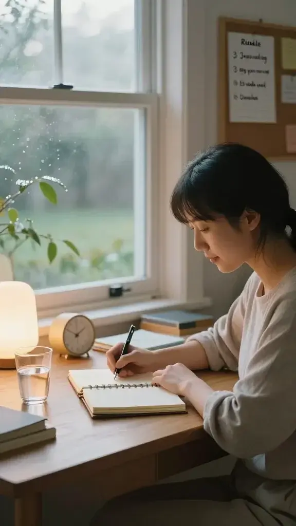 A serene, sunlit morning scene in a cozy home study. In the foreground, a calm adult—gender-neutral—sits at a tidy wooden desk with a lightly worn notebook, a pen resting atop a few neatly stacked pages, and a small, softly glowing lamp. The desk faces a large window showing a tranquil early morning garden with dew on leaves. On the desk sits a small glass of water, a closed planner, and a tiny, minimal clock indicating early hours. The person has a relaxed posture, eyes gently focused on the notebook as if wrapping up the day; a soft, grateful expression suggesting completion and calm. Behind them, a corkboard with a simple ritual checklist (3-minute journaling wrap-up, note of what went well, visualization cue) and a neatly prepared bag or prep items for the next morning are visible but unobtrusive. The color palette is warm neutrals with gentle morning light blues and soft yellows, creating an atmosphere of calm readiness. The scene conveys intention, ritual, and a sense that calm days build resilient weeks, with no text or logos visible in the image.