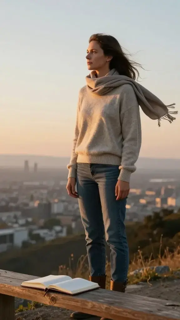 A realistic, high-quality photo of a thoughtful woman in her early 30s standing at a scenic overlook at golden hour, gazing toward the horizon with a calm, determined expression. She is dressed in comfortable, stylish casual wear (soft sweater, jeans, ankle boots), with a lightweight scarf fluttering slightly in a gentle breeze. In the foreground, a notebook is open on a wooden railing, its pages catching the warm light, with a subtle, blurred city skyline or rolling hills in the distance. The scene conveys intention and introspection, embodying the concept of shaping one’s 30s by values and a clear north star, without any text or branding in the image.
