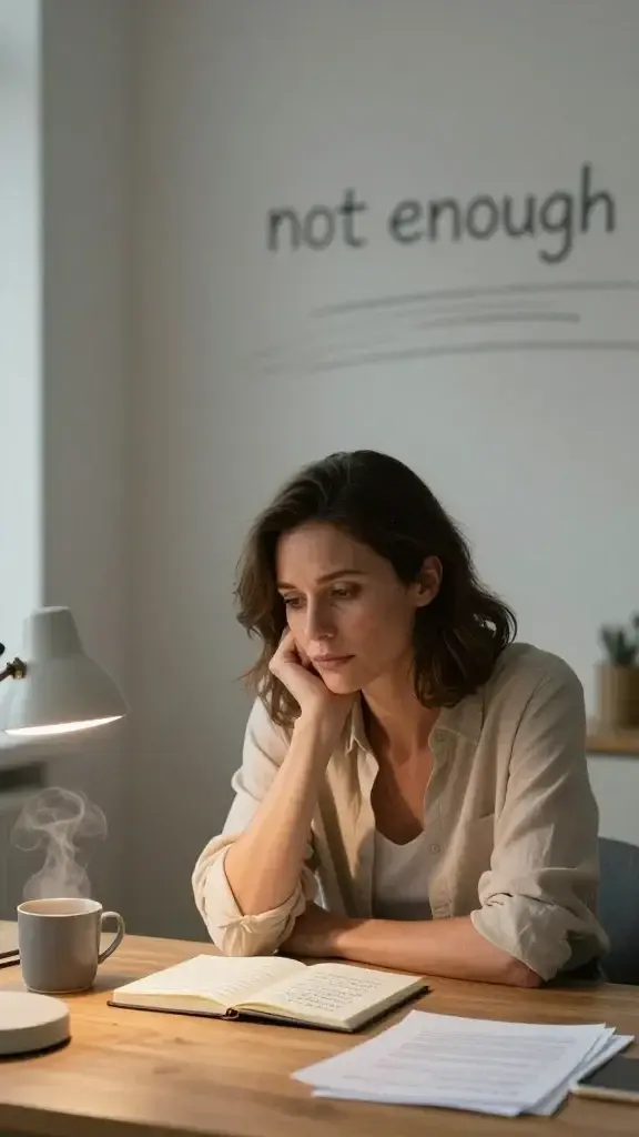 A realistic, high-quality photo of a contemplative adult woman seated at a wooden desk in a softly lit, minimalist room. She is mid-30s, with light makeup and casually stylish clothing in neutral tones. She gazes introspectively at a small, open notebook with handwritten notes, her expression a mix of vulnerability and determination. The desk has a single lit lamp, a steaming mug, and a few scattered pages. In the background, a chalkboard or wall with faint, abstract lines and a single, bold phrase blurred out to avoid text on the image, suggesting inner doubt and the process of naming beliefs. Warm natural light filters through a window, casting gentle shadows that convey introspection and the start of insight. The composition centers the subject, capturing a moment of identifying the belief “not enough” and the quiet shift toward clarity.