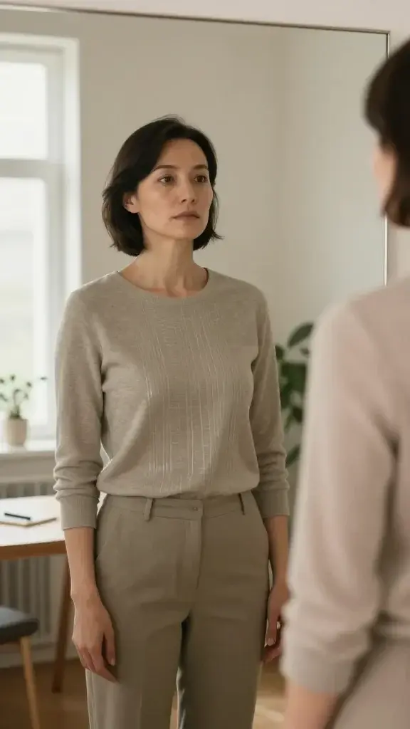 A realistic, high-quality photo of a poised adult standing before a mirror in a softly lit, minimalistic room. The person is mid-30s, gender-neutral, with calm, contemplative expression, wearing neutral professional attire. In the mirror, their reflection reveals a subtle, invisible-friend visage made of faint, shimmering istroke lines to symbolize inner impostor thoughts, while the real person stands confidently with shoulders back. The scene conveys a moment of self-reflection and inner truth—no masks, just clarity. The background is warm-toned with natural light filtering from a window, a small desk with a notebook and pen, and a plant adding a touch of life. The composition centers the figure, with the mirror occupying the right half of the frame, and a shallow depth of field to keep the focus on the subject and their reflection, conveying a theme of uncovering authentic strengths behind impostor feelings. No text or logos.
