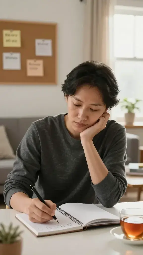 A realistic, high-quality portrait of a calm, contemplative adult seated at a clutter-free desk in a softly lit, modern living room. The person is writing in a notebook labeled with three tiny checkmarks, their expression serene and focused as they reflect on small daily wins. Surrounding details include a corkboard with three pinned notes highlighting micro-wins, a cup of tea, and a window with gentle natural light casting warm tones. The overall mood conveys self-compassion and momentum, with a subtle glow around the subject to signify inner growth, and the scene exudes a sense of progress, reflection, and kinder self-narrative without any text or logos.