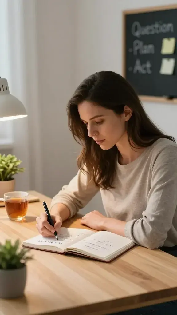 A realistic, high-quality photo of a calm, introspective adult woman sitting at a light wood desk in a softly lit, minimalist home office. She is leaning slightly forward, eyes focused on a clean notebook open in front of her, with a pen poised as if outlining a simple, concrete next step. On the notebook page, faint, illustrative checkboxes and arrows imply a short action plan: “If it happens again, do this…” The desk hosts a small, healthy plant, a mug of tea, and a subtle desk lamp casting warm light. In the background, a softly blurred chalkboard or pinned notes show a few terse, action-oriented phrases like “Question,” “Plan,” “Act.” The overall mood is calm, empowered, and practical, conveying transformation from fear to actionable steps. The main subject should be clearly identifiable as the article title’s focus (the person engaging in shadow-work prompts) without any visible text on the image.