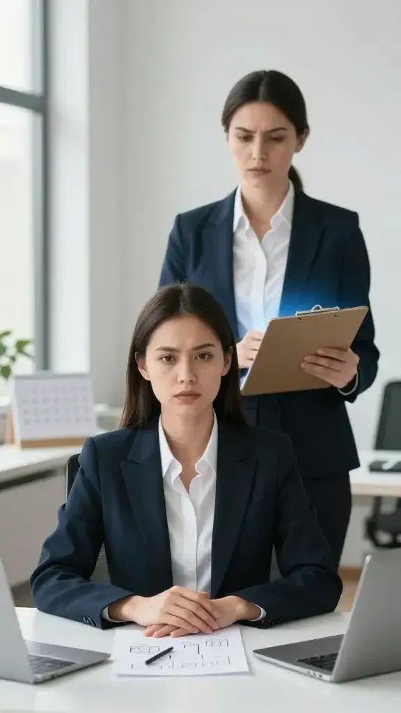 A realistic, high-quality photo of a confident, calm professional seated at a modern desk in a bright, minimalist office. The focal point is a clearly defined, stern but approachable female or non-binary figure representing an inner critic as an overbearing boss, depicted as a suited supervisor standing behind with a firm posture, while the main subject—an assured employee—sits with a composed, receptive expression, hands resting on a notebook. The scene conveys boundary-setting and transformation of critique into constructive feedback: the supervisor holds a clipboard with a subtle glow or aura around it to symbolize feedback, and the employee has a thoughtful, actionable plan sketched on a sheet in front of them. Subtle elements include a calendar and a plant to suggest growth, soft natural light from a window, and a clean, organized workspace that emphasizes focus, boundary, and empowerment without text or logos.