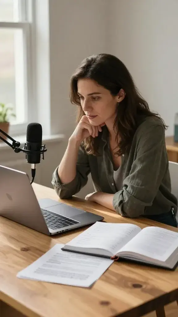 A realistic, high-quality photo of a thoughtful adult woman sitting at a tidy wooden desk in a softly lit room, surrounded by a blend of tangible resources: a laptop open to a course page, a handwritten journal with a few dated entries, a printed page from a book, and a microphone from a podcast setup. She is leaning slightly forward, eyes focused on the laptop screen, with a gentle expression of realization as if discovering a helpful resource she previously overlooked. Natural morning light filters through a window, casting warm, inviting tones across the desk. The scene conveys that a small nudge toward a useful asset—whether a course, podcast, note, or mentor—can spark fresh energy and new perspectives. The main subject is the focal point, wearing casual professional attire, with a clean, uncluttered background to emphasize the moment of discovery.