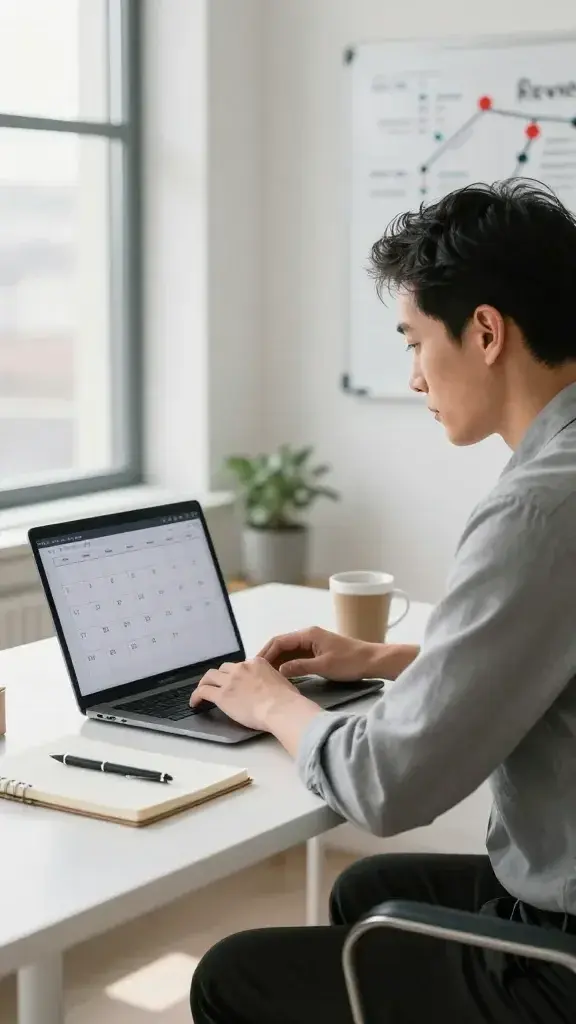 A realistic, high-quality photograph of a focused individual sitting at a clean, modern desk in a bright, minimalist office. The person is mid-30s, gender-neutral, with a calm, determined expression, looking at a digital calendar on a laptop screen displaying a clearly marked future date. The desk features a neat arrangement: a notebook with a few checkmarks, a pen, a small plant, and a coffee mug. Soft natural light streams in from a large window, casting gentle shadows and emphasizing a sense of clarity and purpose. In the background, a whiteboard or corkboard shows a simple roadmap with a few milestones and the word “Review” subtly visible, reinforcing the theme of accountability and progress. The main subject conveys planning, commitment, and strategic thinking about setting a review date to propel forward. No text or branding on the image.