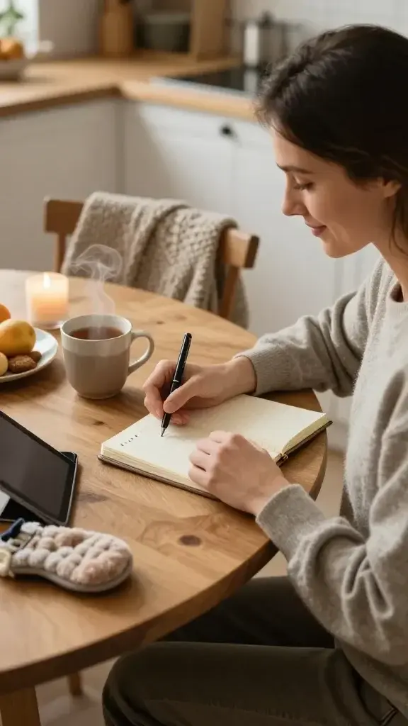 A realistic, high-resolution photo of a warm, inviting cozy scene centered on a calm, reflective person sitting at a softly lit dining table in a sunlit kitchen. The person, appearing comfortably adult, smiles slightly as they journal in a lined notebook with a pen in hand.