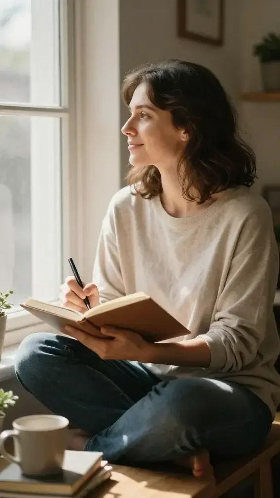 a woman sitting by a sunlit window in a cozy, softly lit room. She appears contemplative and serene, half-turned toward the window with a gentle, insightful smile and a relaxed posture, suggesting inner reflection. She holds a notebook in one hand and a pen in the other,