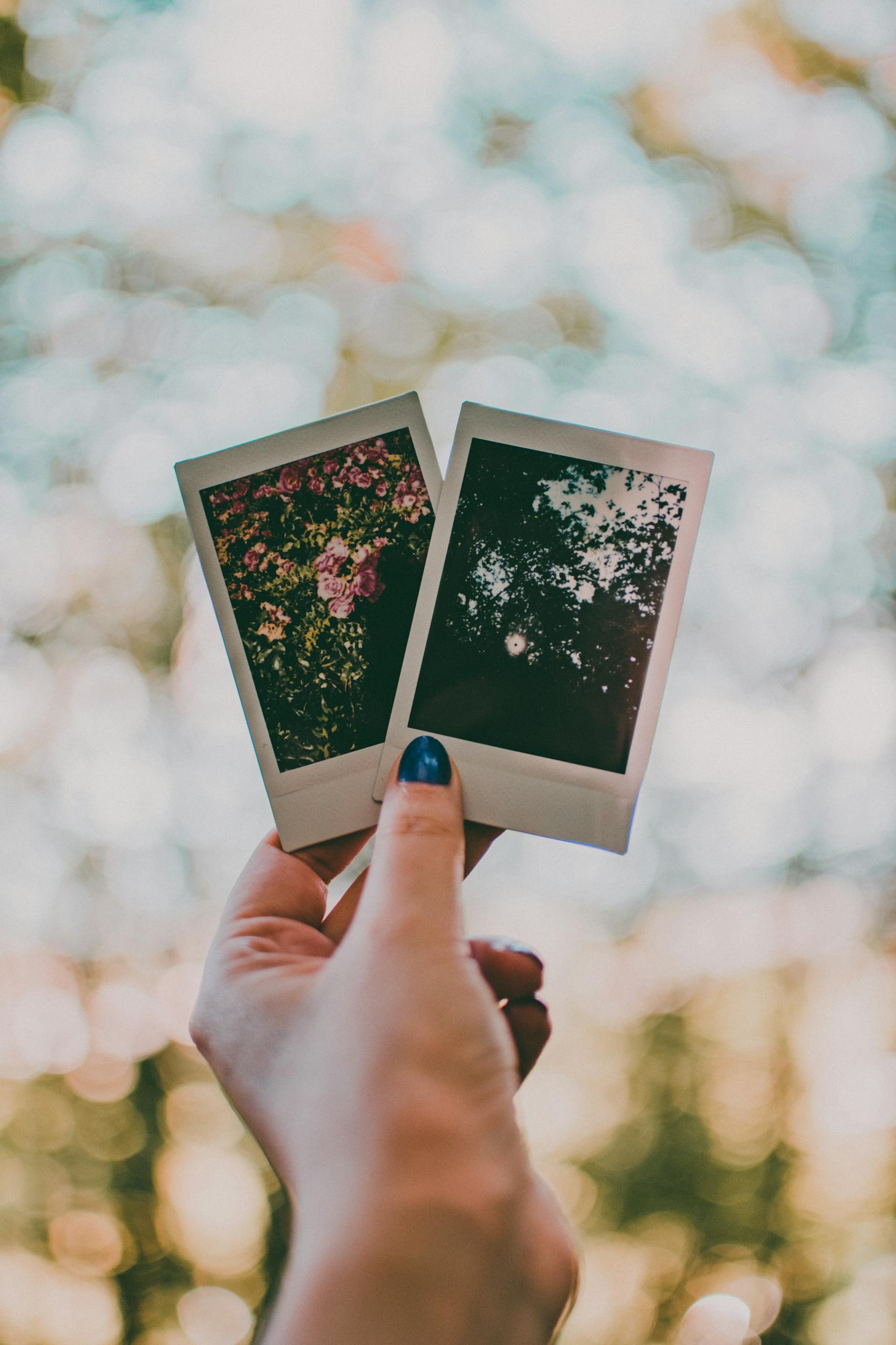 A close-up of a hand holding two Polaroid photos against a bokeh background.