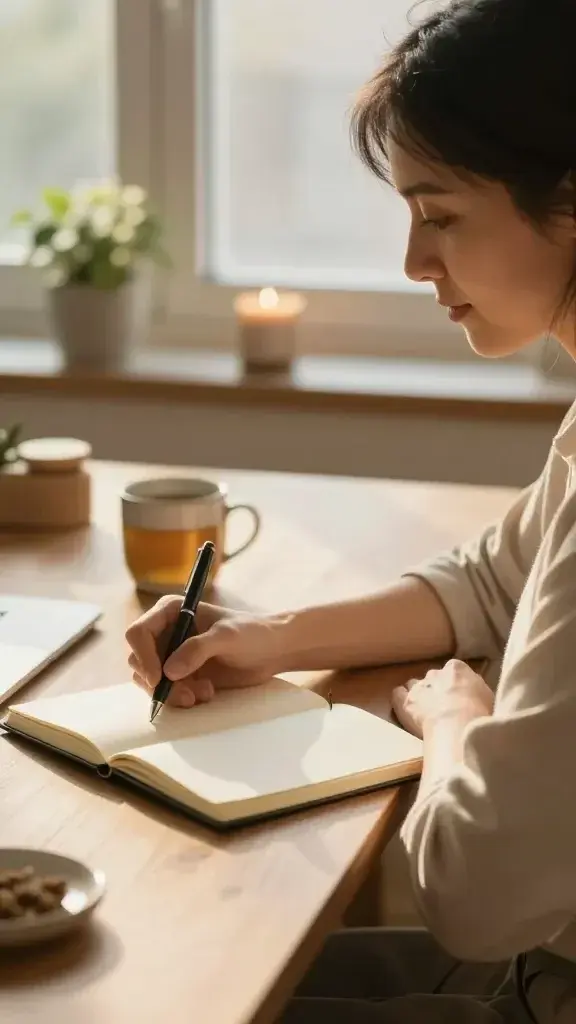 A realistic, high-quality photo of a calm, cozy workspace at golden hour, featuring a compassionate, approachable adult woman seated at a wooden desk with soft natural light streaming through a window. She is journaling in a clean, minimalist notebook, a pen poised gently on the page, with a small ceramic mug of tea beside her and a few simple, calming objects (a plant, a scented candle) in soft focus in the background. Her posture is relaxed yet attentive, embodying moments of self-reflection and clarity. The scene conveys quiet focus, a sense of safety, and tiny, doable steps toward calm, without any visible text or graphics.