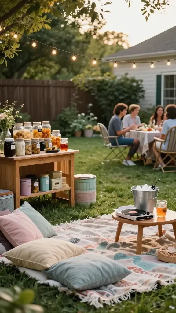 A sunlit backyard soirée set in golden hour light, featuring the main subject centered enjoying a nostalgia-boosted gathering. The scene includes a DIY snack station with vintage glass jars and labeled tags, a string of warm fairy lights overhead, and a cozy blanket corner with layered cushions for photogenic, cozy photos. Include a casual seating area with mismatched outdoor chairs, a simple playlist vibe implied by a vintage record player or retro speaker, and a bucket of ice with a few thirst-quenching drinks on a small table. Soft, pastel-toned decor, subtle retro touches (colorful tin canisters, mason jars, faded picnic blankets), lush green lawn, and a relaxed, friendly atmosphere with a few trusted guests mingling. Realistic, high-resolution photography style with natural textures—wood, fabric, glass—and a shallow depth of field that keeps the foreground elements crisp while softly blurring the background. No text or logos in the image.