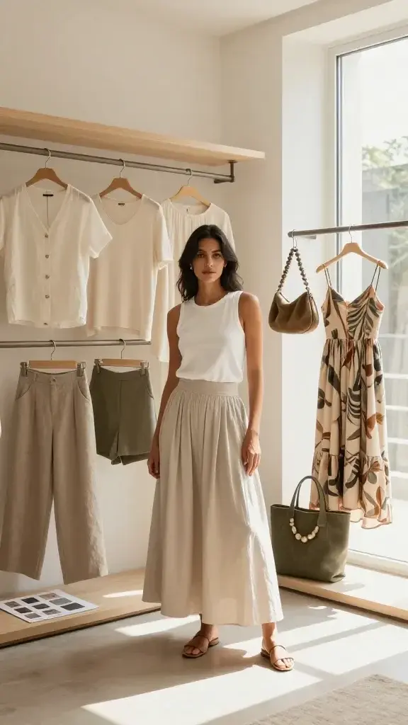 A realistic, high-quality photo of a stylish, sunlit boutique-inspired wardrobe space with a calm, luxe-minimal aesthetic. The main subject is a confident, fashion-forward individual standing center stage, wearing a breathable, versatile summer capsule outfit: a crisp white sleeveless top paired with a lightweight, breathable maxi skirt in a neutral tone, completed by simple leather sandals. Surrounding the subject, neatly organized wardrobe rails display five tops in versatile cuts (linen blouse, cotton tee, tank top, short-sleeve button-up, lightweight knit), three bottoms that pair with everything (wide-leg linen trousers, A-line midi skirt, tailored shorts), and two statement pieces (a bold-patterned sundress hanging on a velvet hanger and a striking architectural accessory like a sculptural handbag or oversized statement necklace on a separate rack). The color palette is cohesive and soft—creams, taupes, ivory, and muted sage—accented by a single color-coordinated tote placed to the side. The scene includes a small, tidy scrap sheet on a nearby bench showing favorite combinations in a minimalist, organized layout. Natural light streams in through a large window, casting warm, flattering shadows and highlighting the texture of natural fabrics. The overall mood is boutique-like yet livable, implying ease, confidence, and purposeful style in a summer capsule wardrobe. No text within the image.